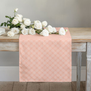 Elegant soft pastel peach coral plaid checkered long table runner