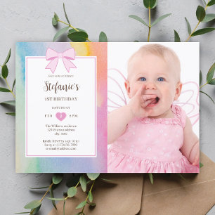 Elegant Soft Pastel Watercolor 1st Birthday Photo Invitation