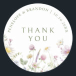 Elegant Soft Pastel Wildflower Botanical thank you Classic Round Sticker<br><div class="desc">Elegant  wedding thank you sticker  featuring a beautiful watercolor wildflower frame in soft pastels. Perfect for a romantic,  nature-inspired celebration or garden-themed wedding. For customisation or additional products featuring this design,  please feel free to contact me.</div>