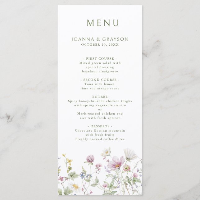 Elegant Soft Pastel Wildflower Botanical Wedding Menu (Front)