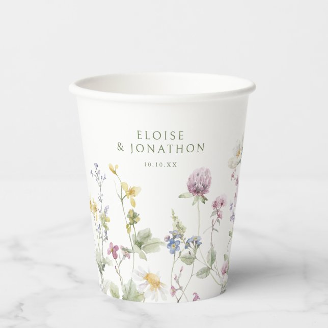 Elegant Soft Pastel Wildflower Botanical Wedding Paper Cups (Front)