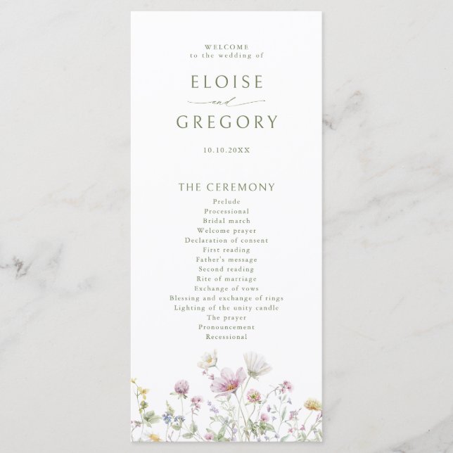 Elegant Soft Pastel Wildflower Botanical Wedding Program (Front)