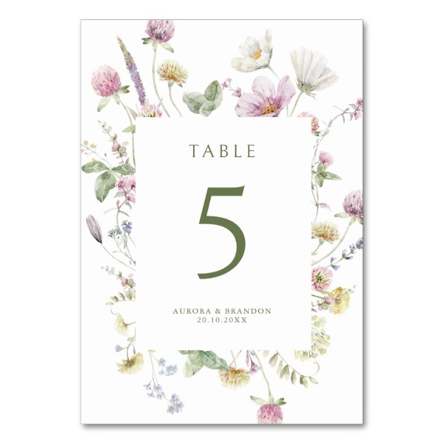 Elegant Soft Pastel Wildflower Botanical Wedding Table Number (Front)