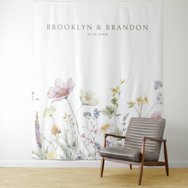 Elegant Soft Pastel Wildflower Botanical Wedding Tapestry (In Situ)