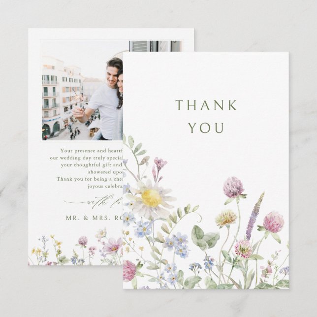 Elegant Soft Pastel Wildflower Botanical Wedding Thank You Card (Front/Back)