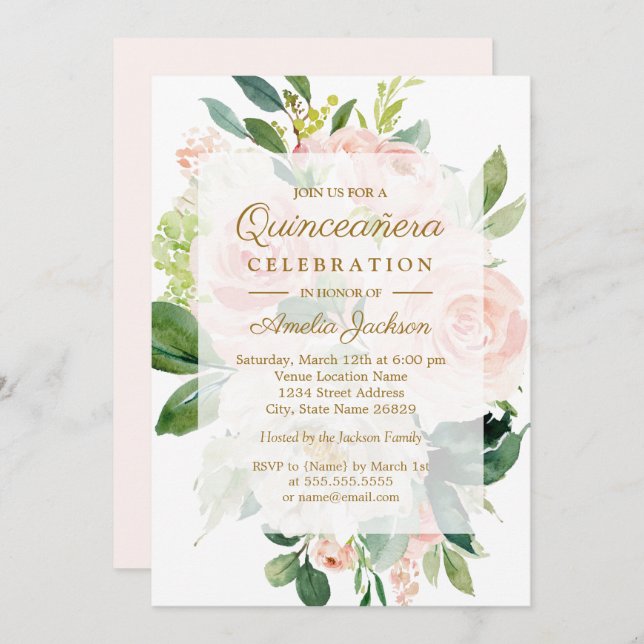 Elegant Soft Peach Bloom Quinceanera Birthday Invitation (Front/Back)