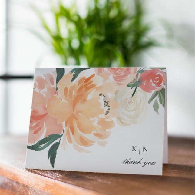 Elegant Soft Peach Floral Monogram Wedding Thank You Card (Creator Uploaded)
