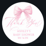 Elegant Soft Pink Bow Whimsical Cute Thank You Classic Round Sticker<br><div class="desc">These dreamy thank you stickers feature a soft pastel pink palette and a delicate coquette-inspired watercolor bow that creates an elegant focal point. The design aligns beautifully with popular vintage and French-inspired baby shower trends,  coquette bridal shower,  retro engagement parties... </div>