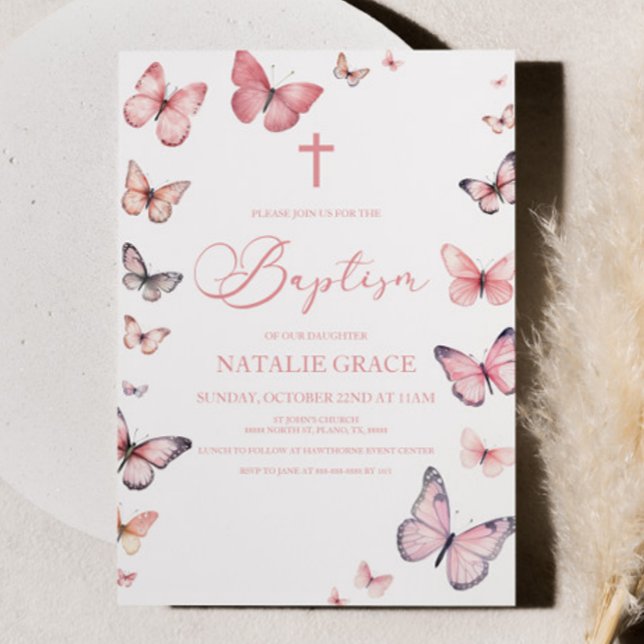 Elegant Soft Pink Butterfly Baptism Invitation (Creator Uploaded)