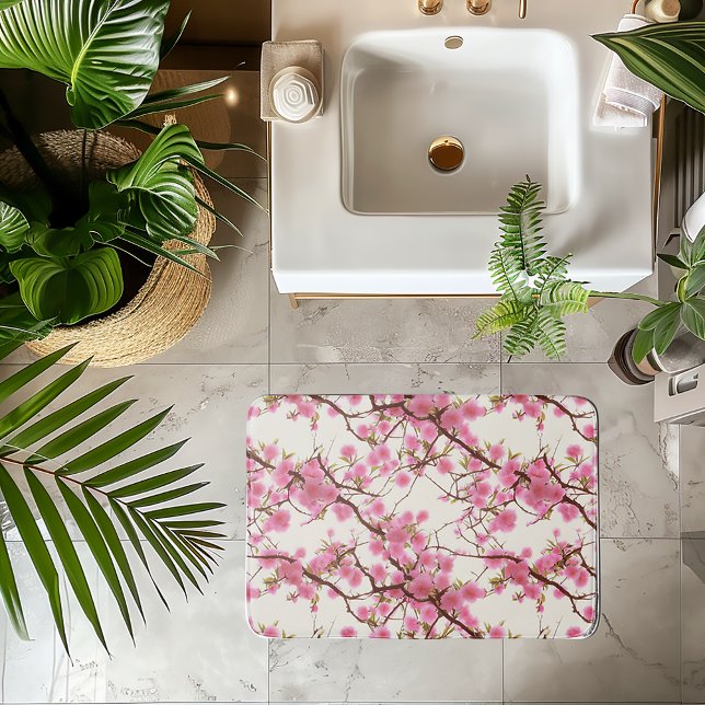 Elegant Soft Pink Cherry Blossom Florals   Bath Mat (Cherry Blossom Bath Mat)