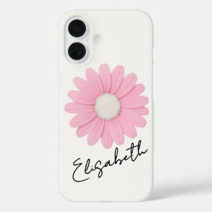 Elegant Soft Pink Daisy and Name on Ivory  iPhone 16 Case