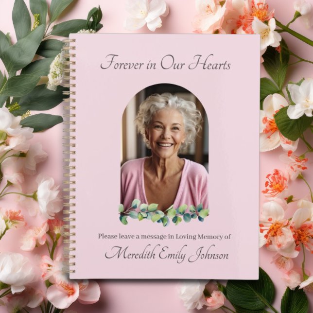 Elegant Soft Pink Floral Funeral Photo Guest Book  Planner (Funeral Guestbook. Soft Pink with floral watercolors and custom photo)