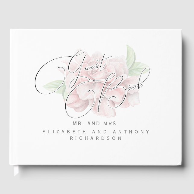 Elegant Soft Pink Flower Typography Wedding Guest Book (Front)