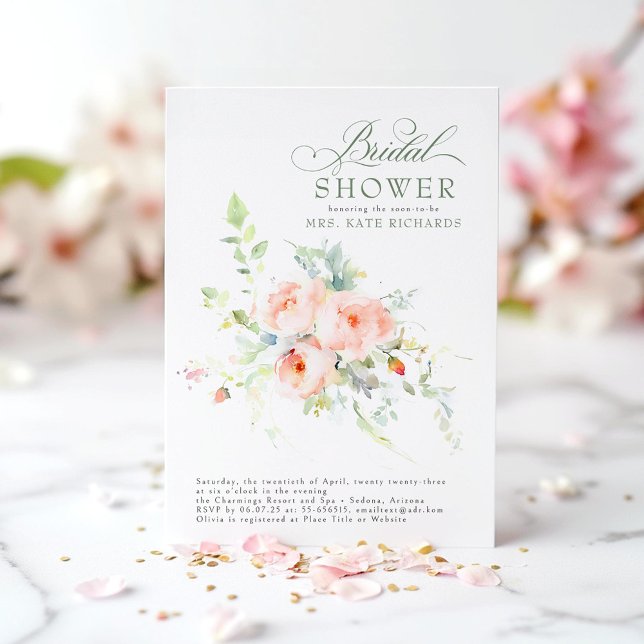 Elegant Soft Pink Flowers Boho Bridal Shower Invitation (Pink Flowers Bridal Shower Invitations)