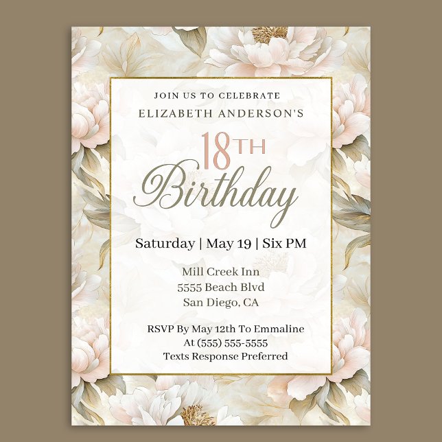 Elegant Soft Pink Ivory Peony 18th Birthday  Invitation (Creator Uploaded)