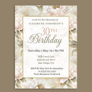 Elegant Soft Pink Ivory Peony 30th Birthday Invitation