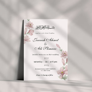 Elegant Soft Pink Magnolia Floral Muslim Wedding  Invitation