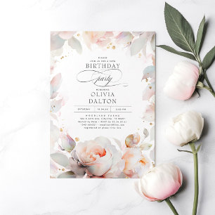 Elegant Soft Pink Peach Floral Boho Birthday Party Invitation