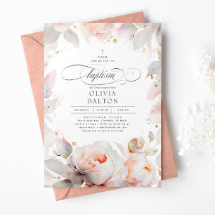 Elegant Soft Pink Peach Floral Boho Girls Baptism Invitation