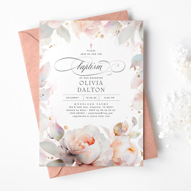 Elegant Soft Pink Peach Floral Boho Girls Baptism Invitation (Creator Uploaded)