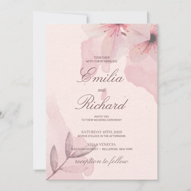 Elegant soft pink powder floral country wedding invitation (Front)