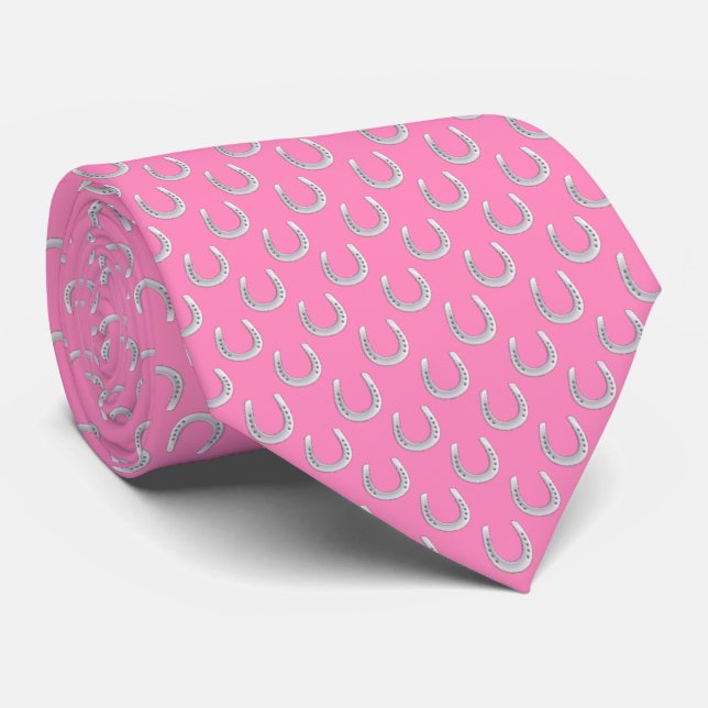 Elegant Soft Pink Silver Horseshoe Pattern Necktie (Rolled)