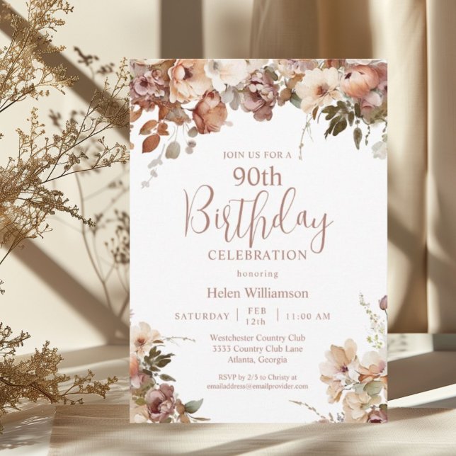 Elegant Soft Pink Watercolor Floral 90th Birthday Invitation (Creator Uploaded)