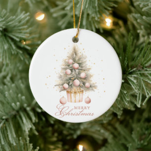 Elegant Soft Pink Watercolor Merry Christmas Tree Ceramic Ornament
