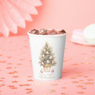 Elegant Soft Pink Watercolor Merry Christmas Tree Paper Cups