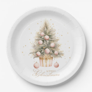 Elegant Soft Pink Watercolor Merry Christmas Tree Paper Plate