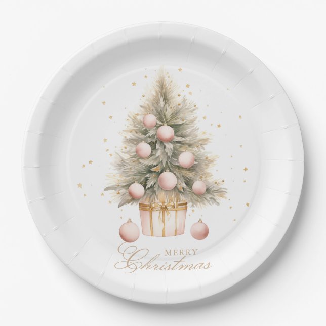 Elegant Soft Pink Watercolor Merry Christmas Tree Paper Plate (Front)