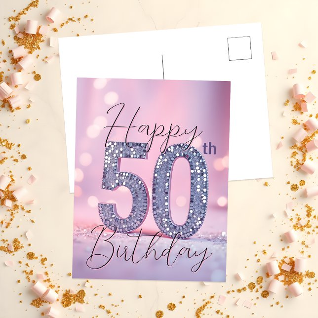 Elegant Soft Purple & Silver Glitter 50th Birthday Postcard (Creator Uploaded)