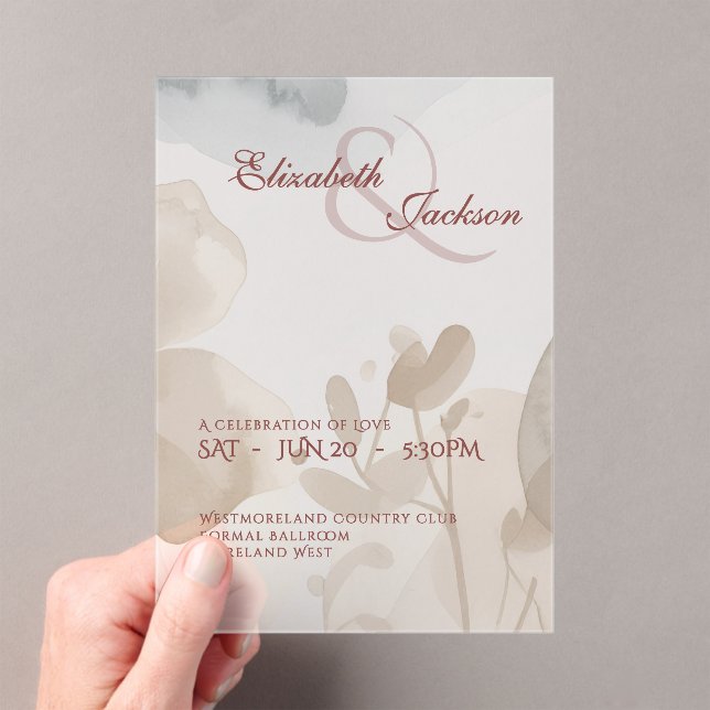 Elegant Soft Romantic Botanical Script Wedding  Acrylic Invitations (Insitu (Handheld))