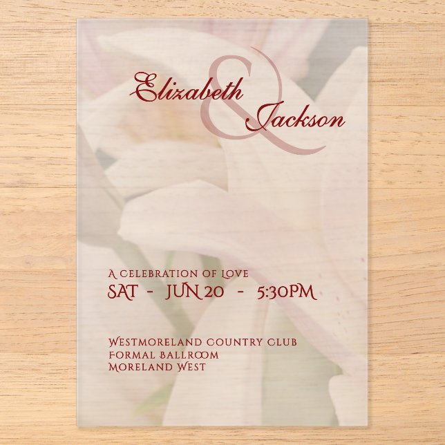 Elegant Soft Romantic Floral Lily Script Wedding Acrylic Invitations (Front)