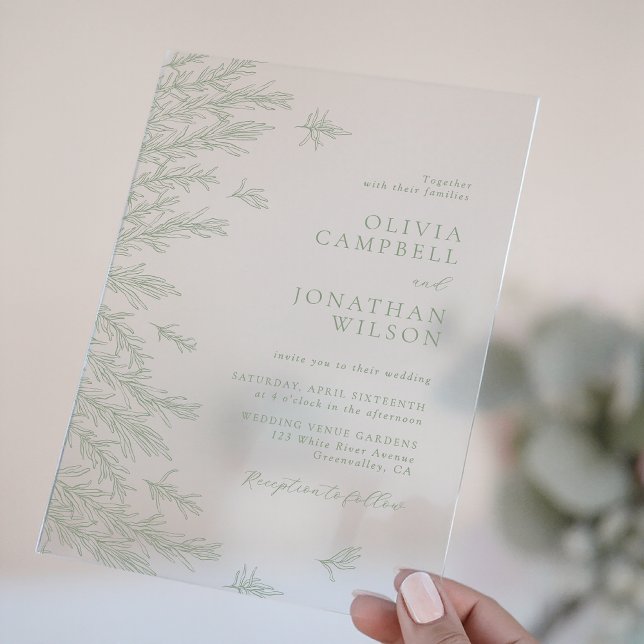 Elegant Soft Sage Green Leaves Botanical Wedding Acrylic Invitations (Creator Uploaded)