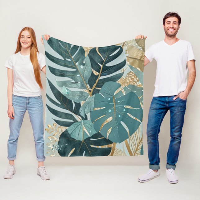 Elegant Soft Teal Monstera Botanical Fleece Blanket (In Situ)
