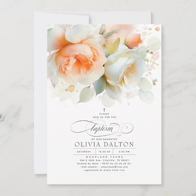 Elegant Soft Terracotta Floral Boho Girls Baptism Invitation (Front)
