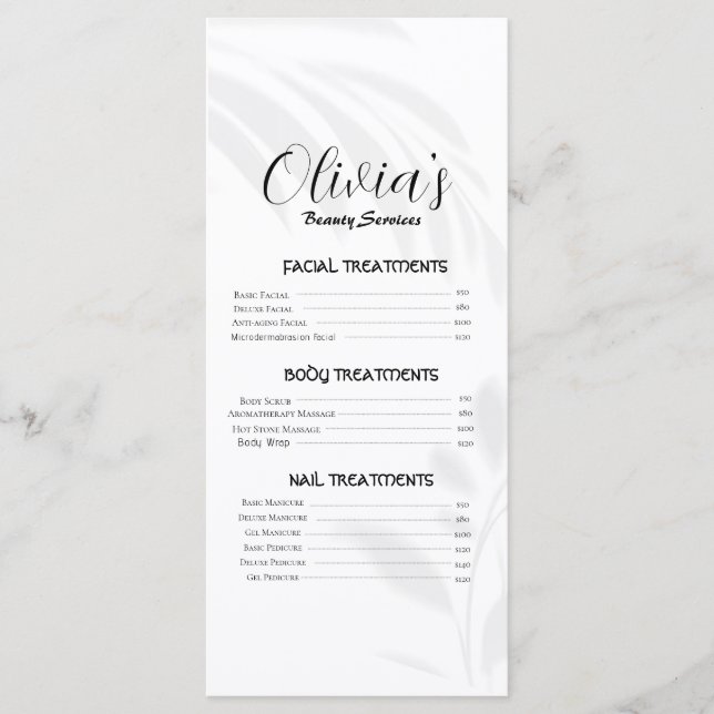 Elegant Soft White Beauty Services Price List  Menu (Front)