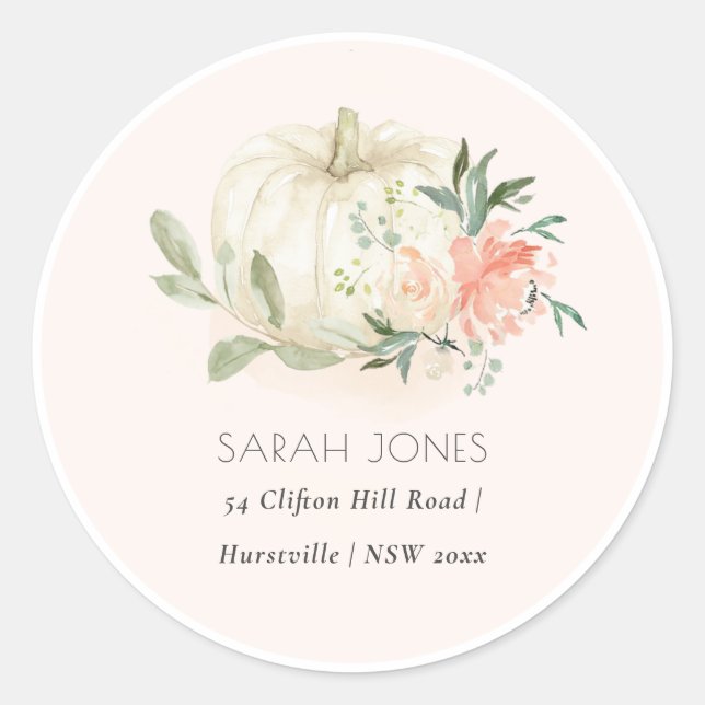 Elegant Soft White Pumpkin Blush Floral Address Classic Round Sticker (Front)