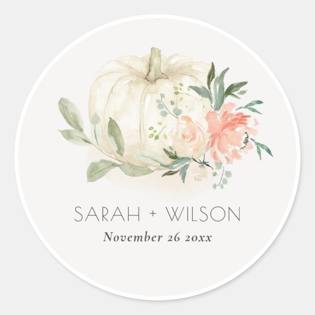 Elegant Soft White Pumpkin Blush Floral Wedding Cl Classic Round Sticker (Front)