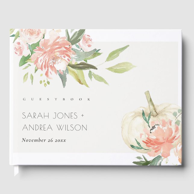 Elegant Soft White Pumpkin Blush Floral Wedding Guest Book (Front)