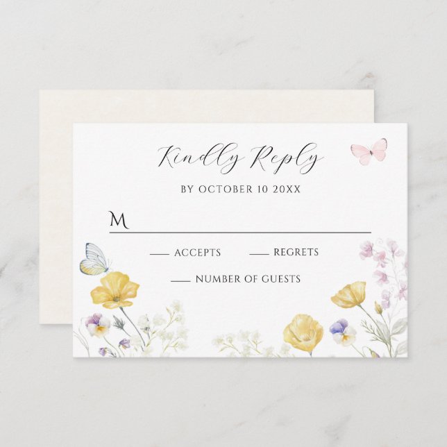 Elegant soft wild floral butterfly RSVP card (Front/Back)