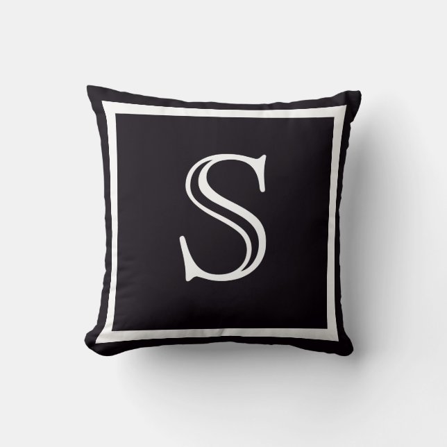 Elegant Solid Black and White Monogrammed Cushion (Front)