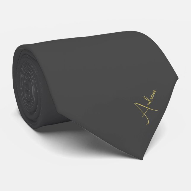 Elegant Solid Black Gold Script Name  Neck Tie (Rolled)