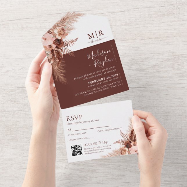 Elegant Solid Burnt Orange Pampas QR Code Wedding All In One Invitation (Tearaway)