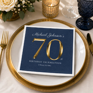 Elegant Solid Gold Text Navy Blue 70th Birthday Napkin