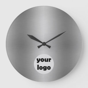 Elegant Solid Metallic Silver Grey Logo Large Clock