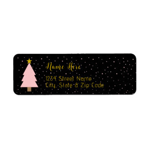 Elegant Solo Pink Christmas Tree Golden Star Black Return Address Label