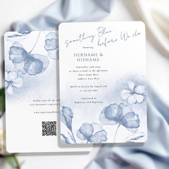 Elegant Something Blue Floral QR Bridal Shower Invitation (Creator Uploaded)