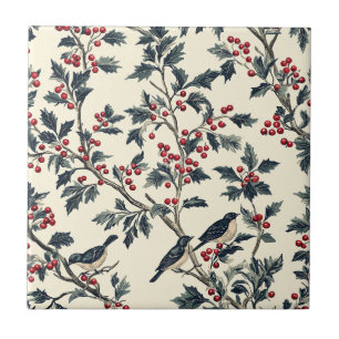 Elegant Songbird Winter Holly Cream Red Pattern Ceramic Tile